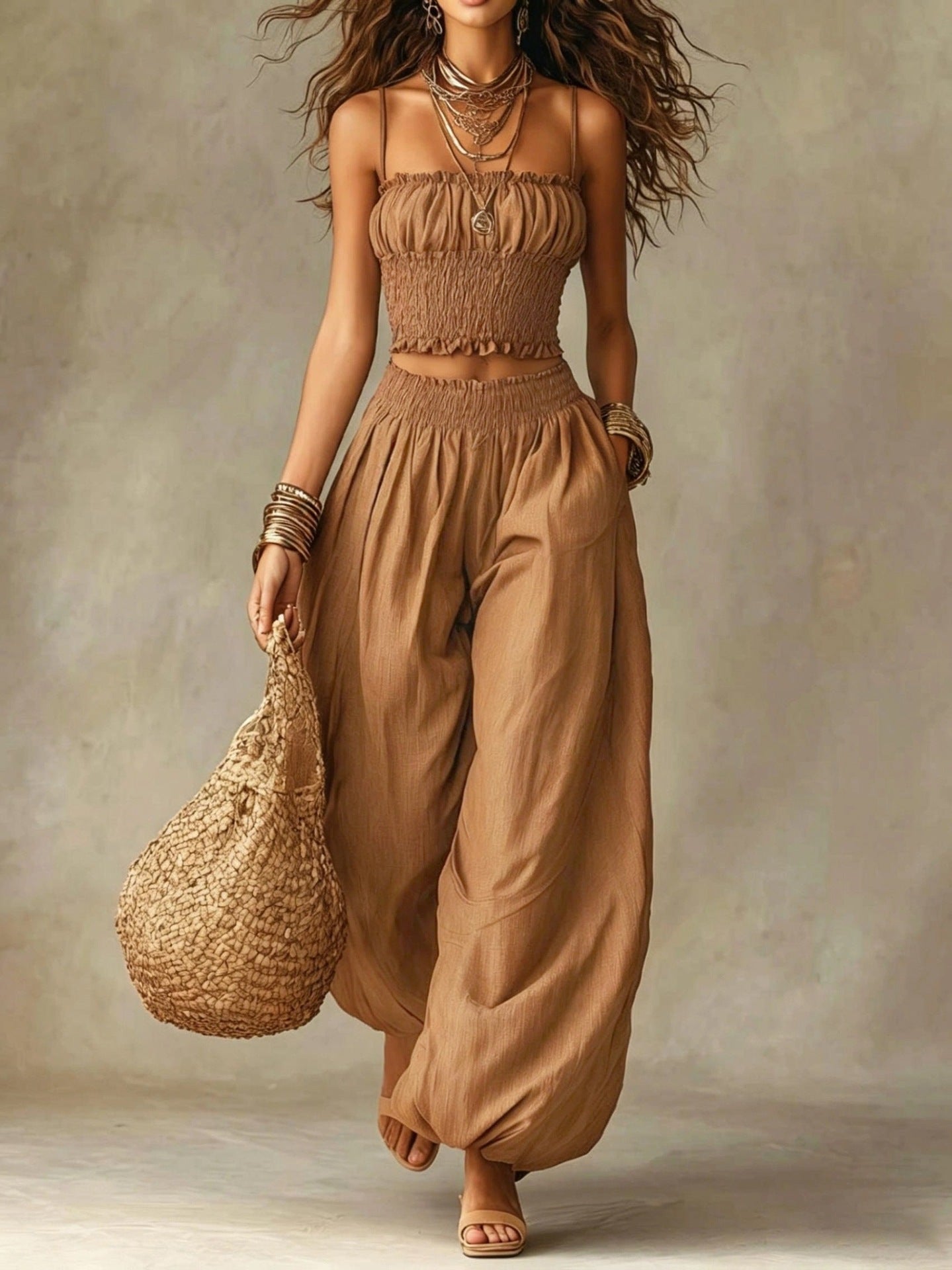 Smocked crop top and wide-leg pants set in khaki, sleeveless ruched top and wide balloon pants.