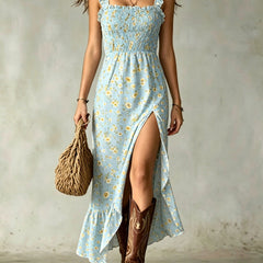 Light blue ditsy floral smocked maxi dress with ruffle straps and side slit