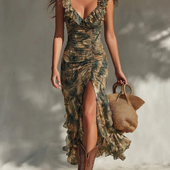 Palm print maxi dress with ruched bodice, ruffle straps, and front slit hem