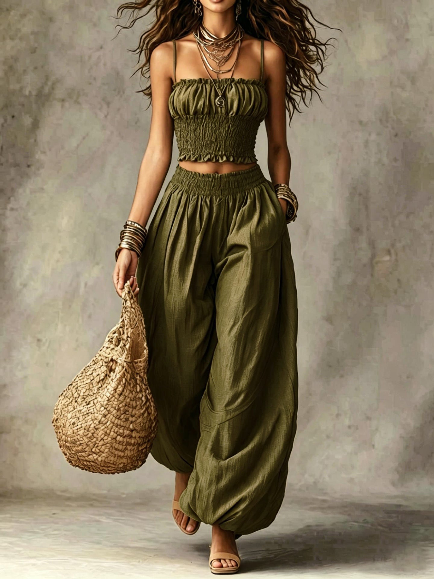 Smocked crop top and wide-leg pants set in army green, gathered top and loose wide pant legs.