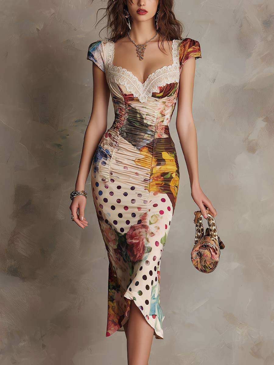 Lace-trim ruched bodycon midi dress with mixed floral and polka-dot print, V-neck
