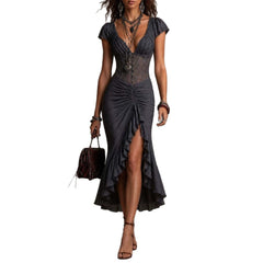 Dark gray corset midi dress with ruched ruffle layers and front slit