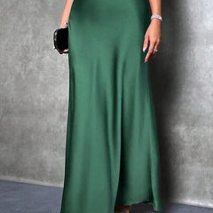 Satin high-waist skirt, army green with flowing A-line hem and ankle length