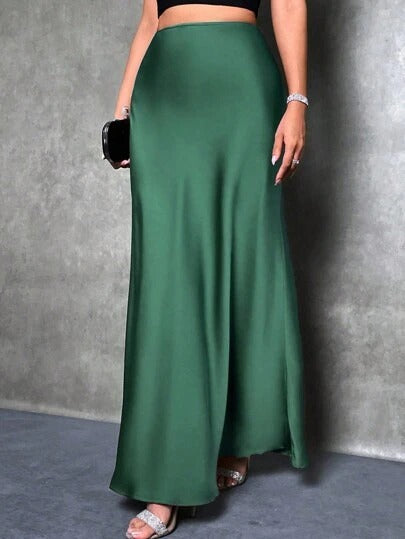 Satin high-waist skirt, army green with flowing A-line hem and ankle length