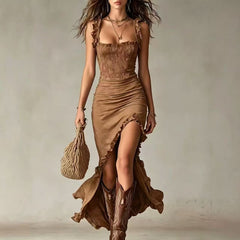 Bohemian ruched maxi dress in camel with ruffle straps and side slit, draped hem