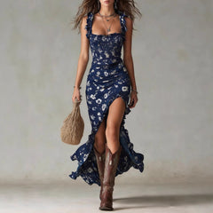 Navy blue boho floral ruched maxi dress with ruffle straps and side slit