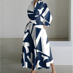 SOFER maxi dress with front wrap collar, long sleeves, blue and white geometric print