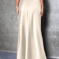 Satin high-waist skirt, beige with flowing A-line hem and ankle length