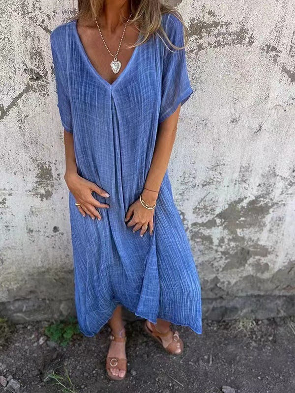 Abito blu a V con maniche corte e patta frontale