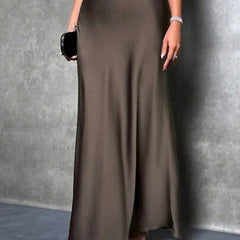 Satin high-waist skirt, dark charcoal with flowing A-line hem and ankle length