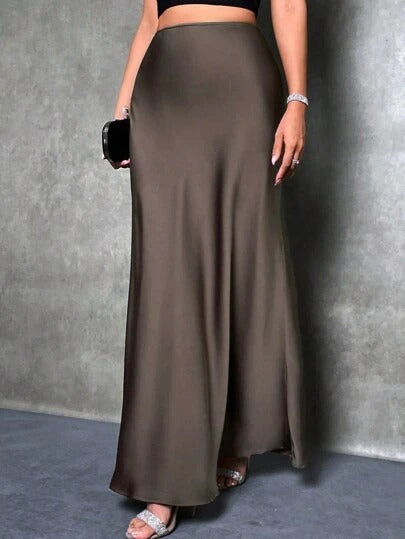 Satin high-waist skirt, dark charcoal with flowing A-line hem and ankle length