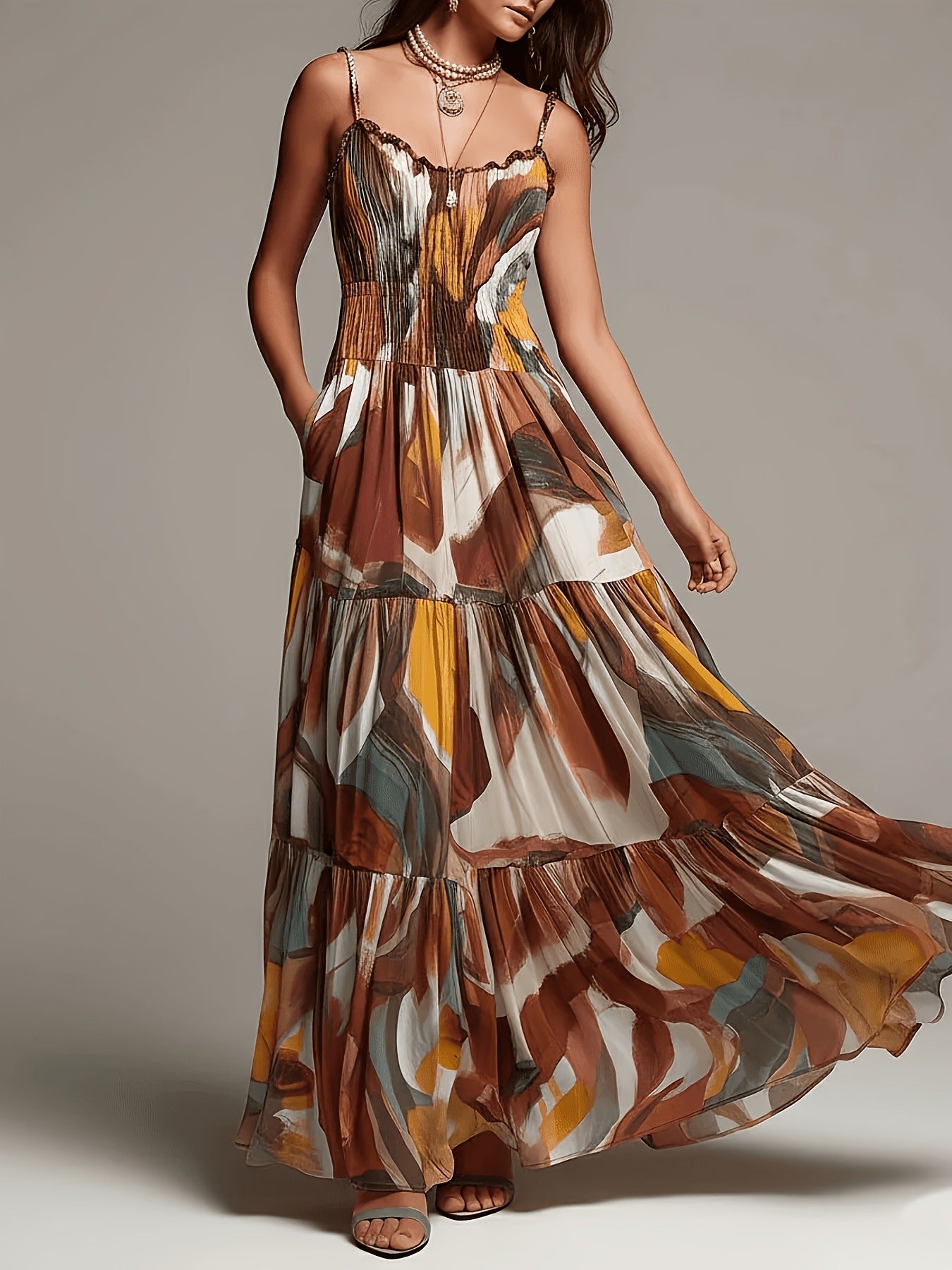 Smocked tiered maxi dress in abstract print with spaghetti straps and tiered skirt