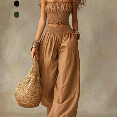 Smocked crop top and wide-leg pants set in khaki, ruched bust and elastic waist.