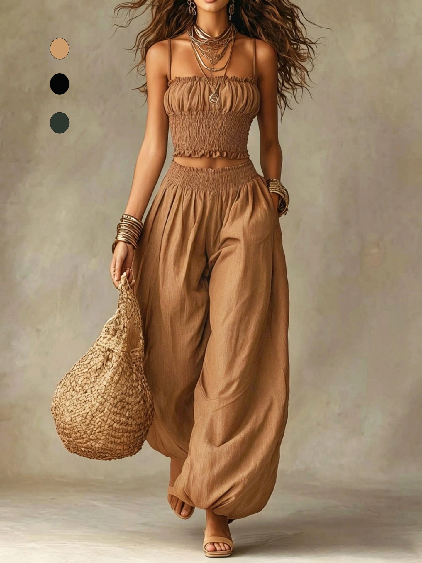 Smocked crop top and wide-leg pants set in khaki, ruched bust and elastic waist.