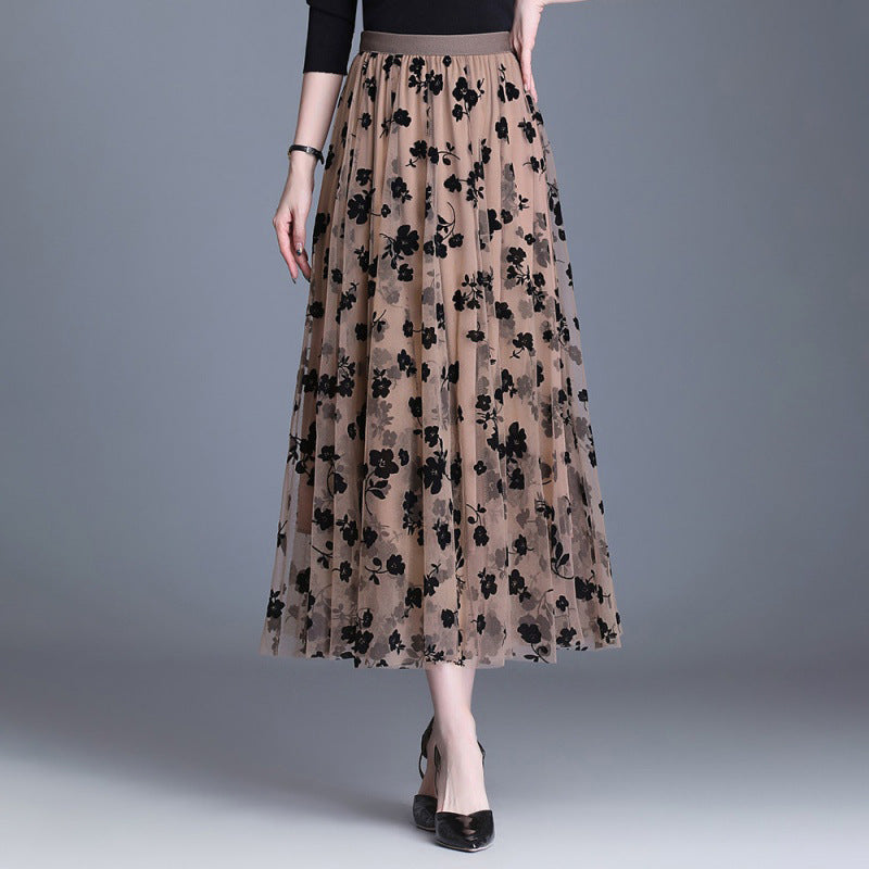 Beige floral midi tulle skirt with gathered full skirt and elastic waistband
