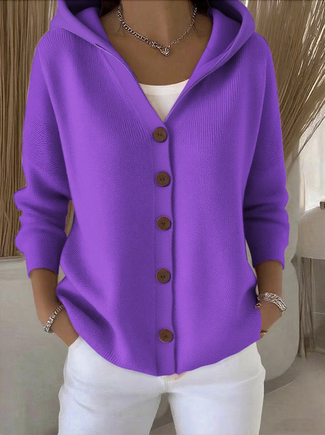 Purple hooded button-up knit cardigan with dark buttons, long sleeves