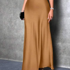 Satin high-waist skirt, tan with flowing A-line hem and ankle length
