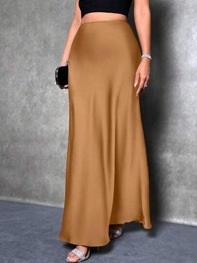 Satin high-waist skirt, tan with flowing A-line hem and ankle length