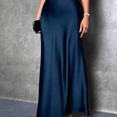 Satin high-waist skirt, navy with flowing A-line hem and ankle length