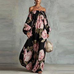 Black off-shoulder floral maxi dress with long puff sleeves and smocked bodice