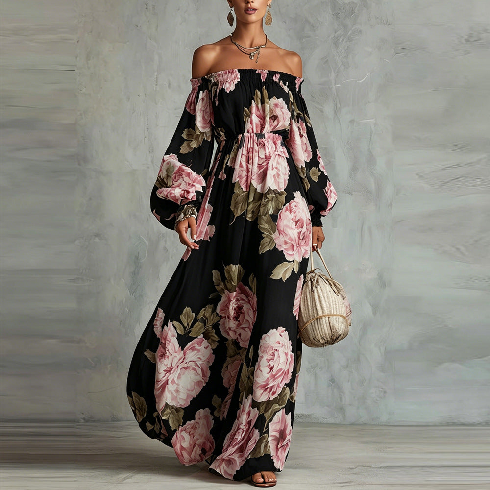 Black off-shoulder floral maxi dress with long puff sleeves and smocked bodice