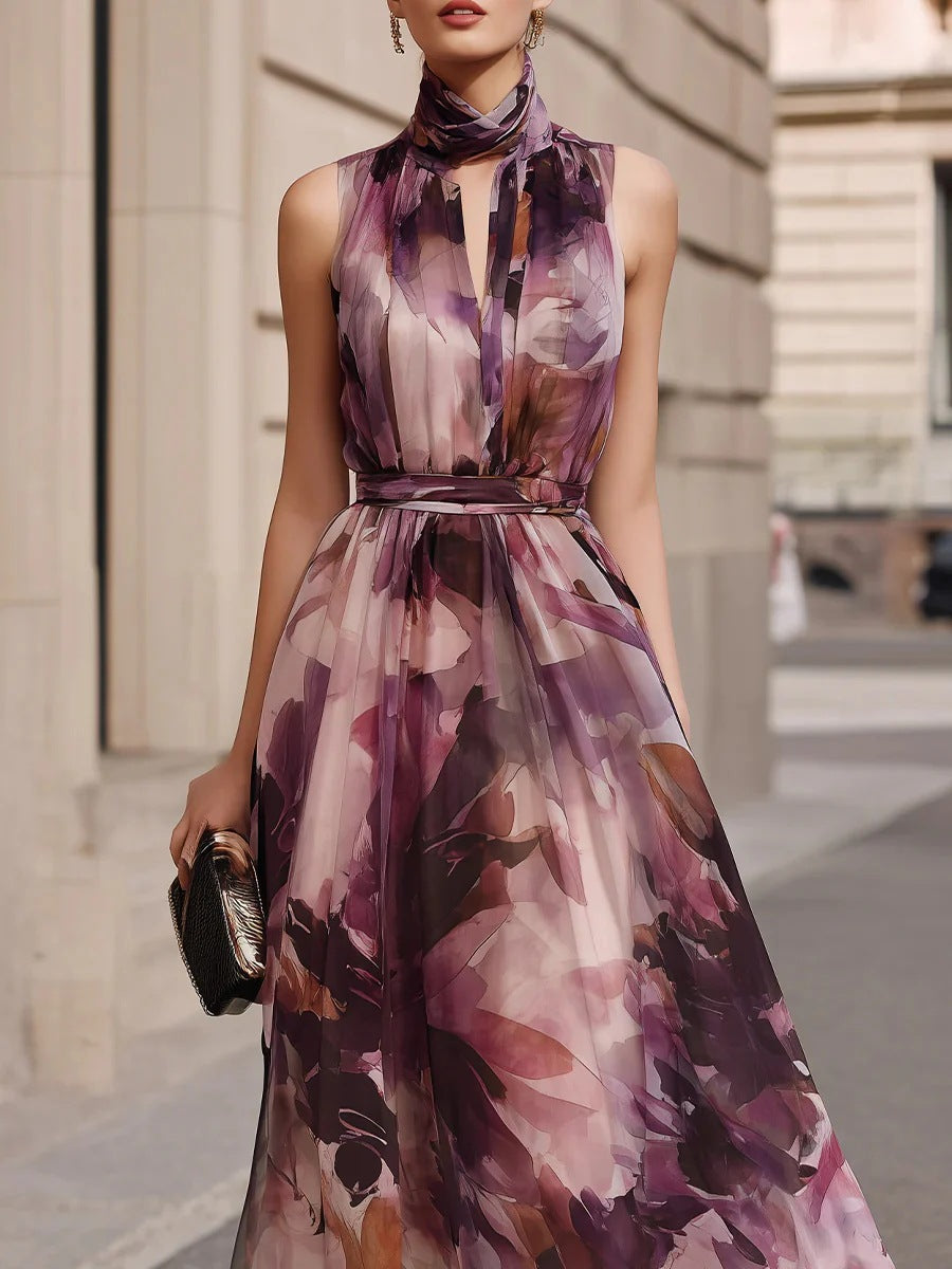 Purple floral sleeveless maxi dress with tie neck and belted waist, pleated bodice