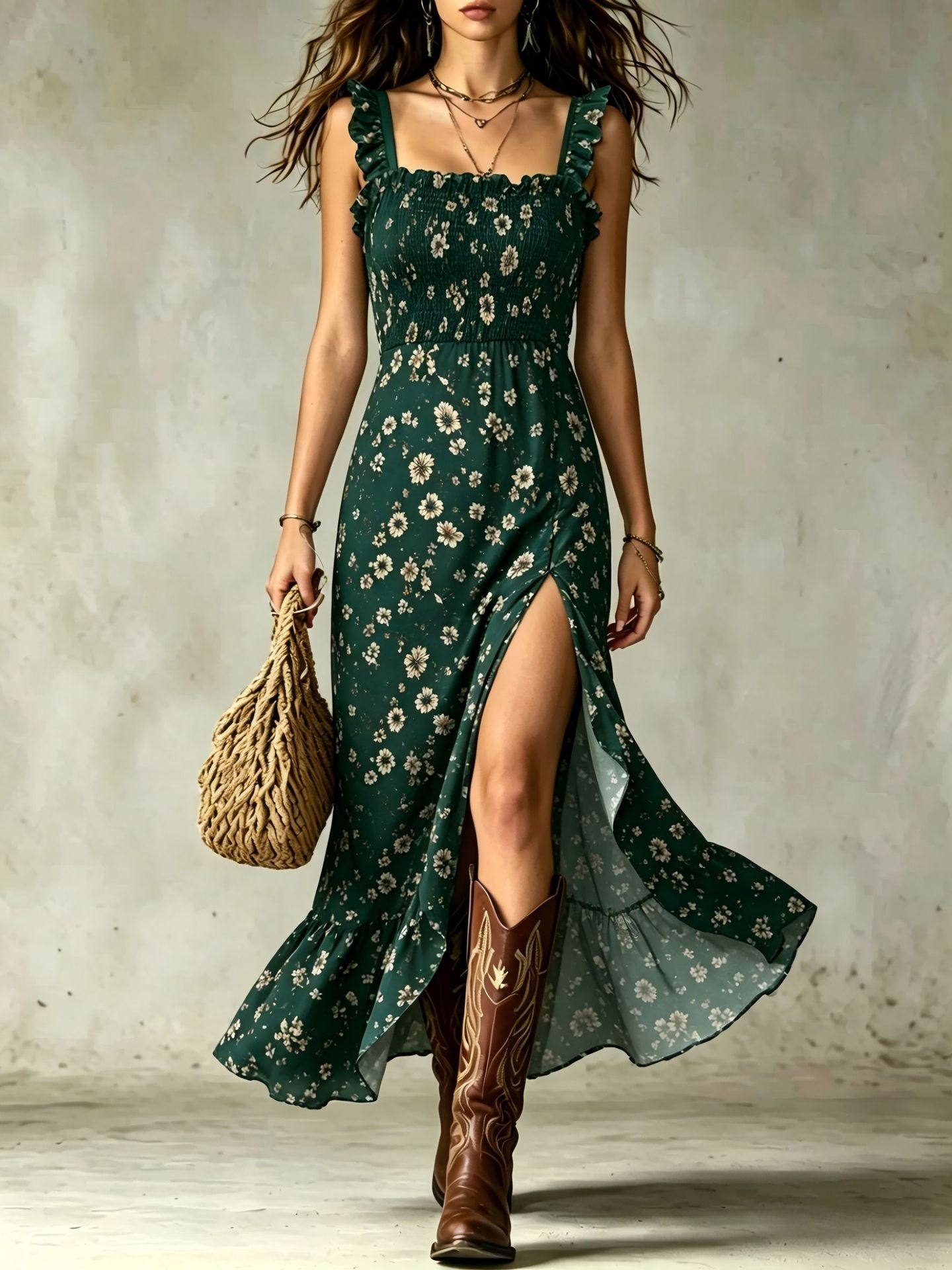 Green ditsy floral smocked maxi dress with ruffle straps and front slit