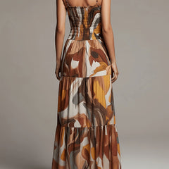 Abstract print smocked maxi dress, tiered tiers and spaghetti-back straps