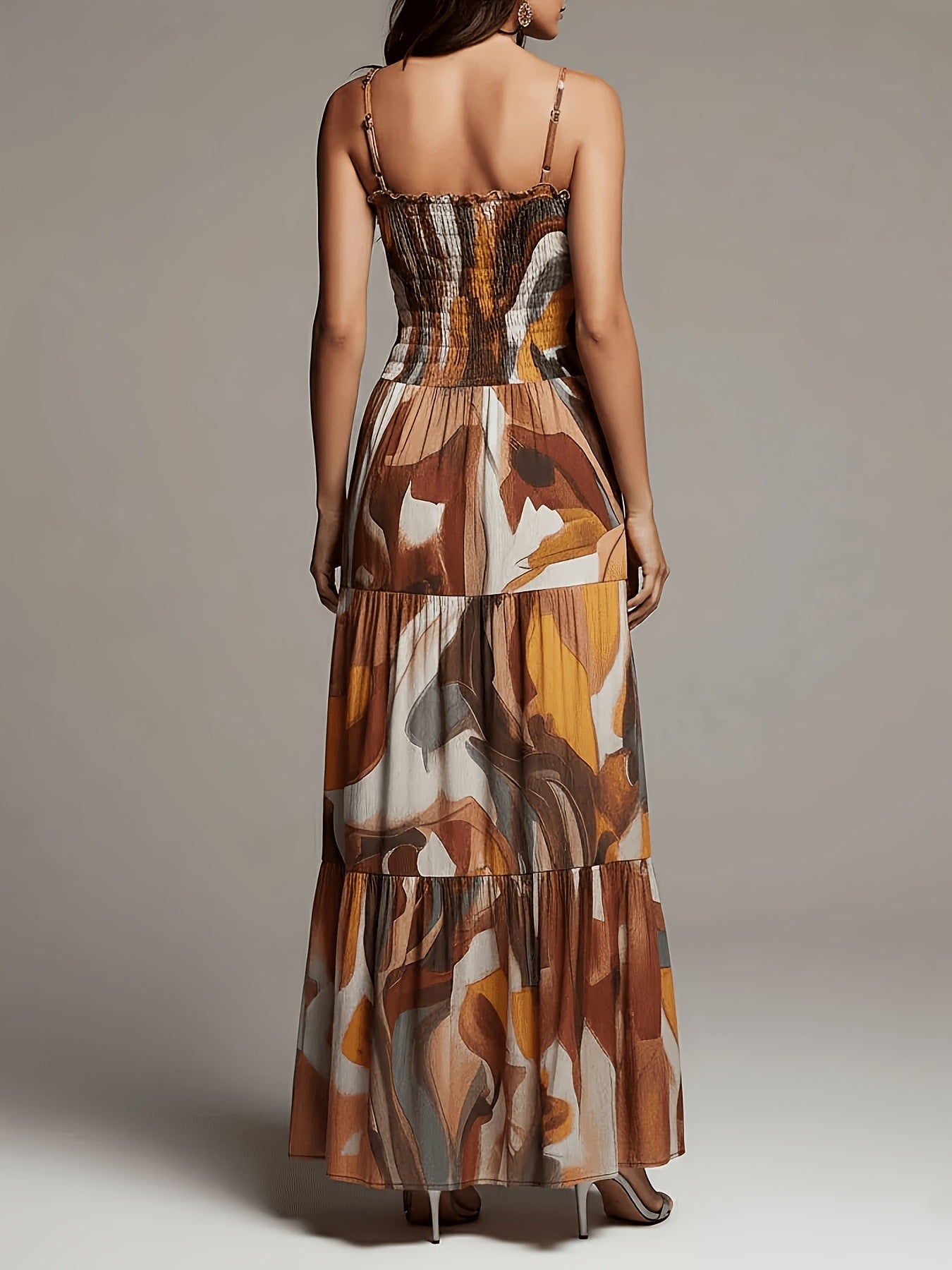 Abstract print smocked maxi dress, tiered tiers and spaghetti-back straps