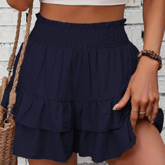 Tiered ruffle skort with smocked waist, dark blue, boho casual shorts