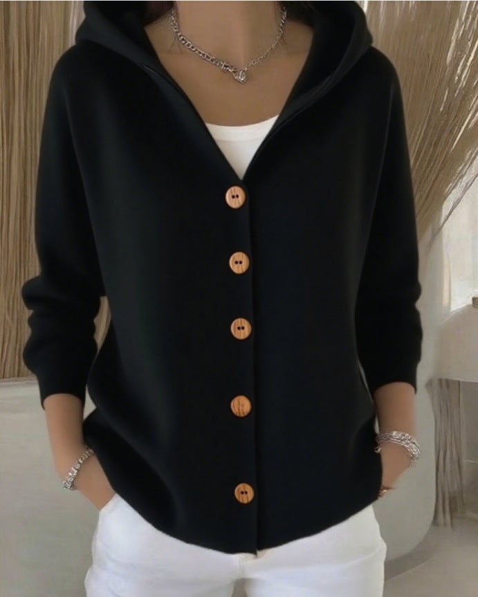 Black hooded button-up knit cardigan with wooden-look buttons, long sleeves