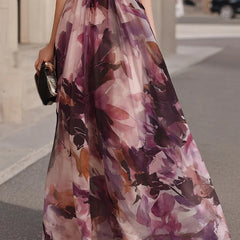 Purple floral belted maxi dress skirt, sleeveless tie-neck collar