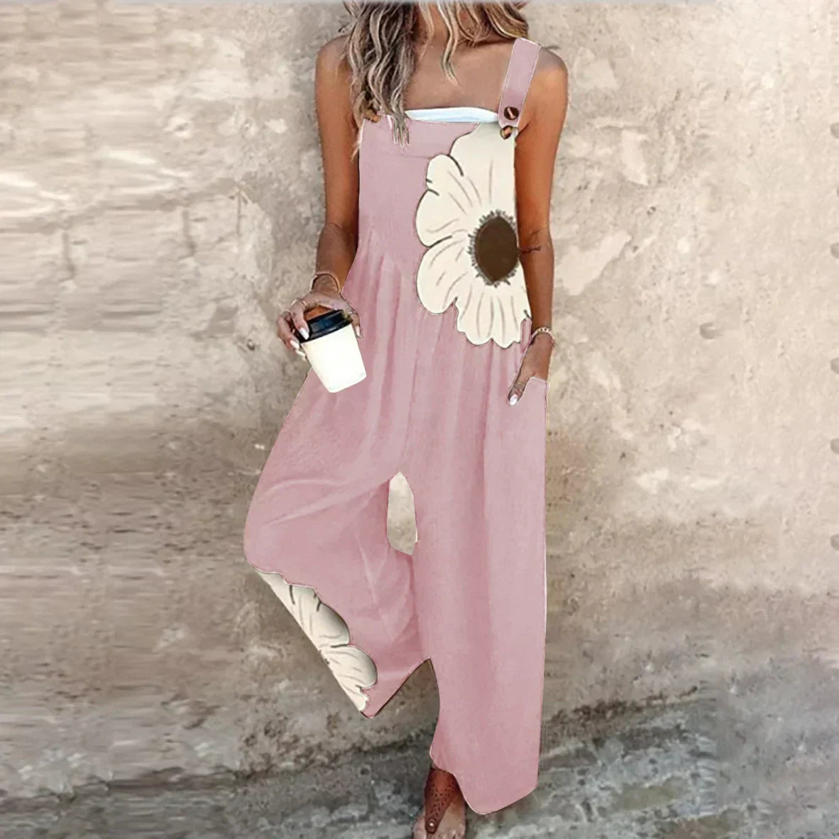 Pink sleeveless floral printed overalls, wide-leg jumpsuit with adjustable straps