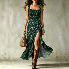 Dark green ditsy floral smocked maxi dress with ruffle straps and side slit