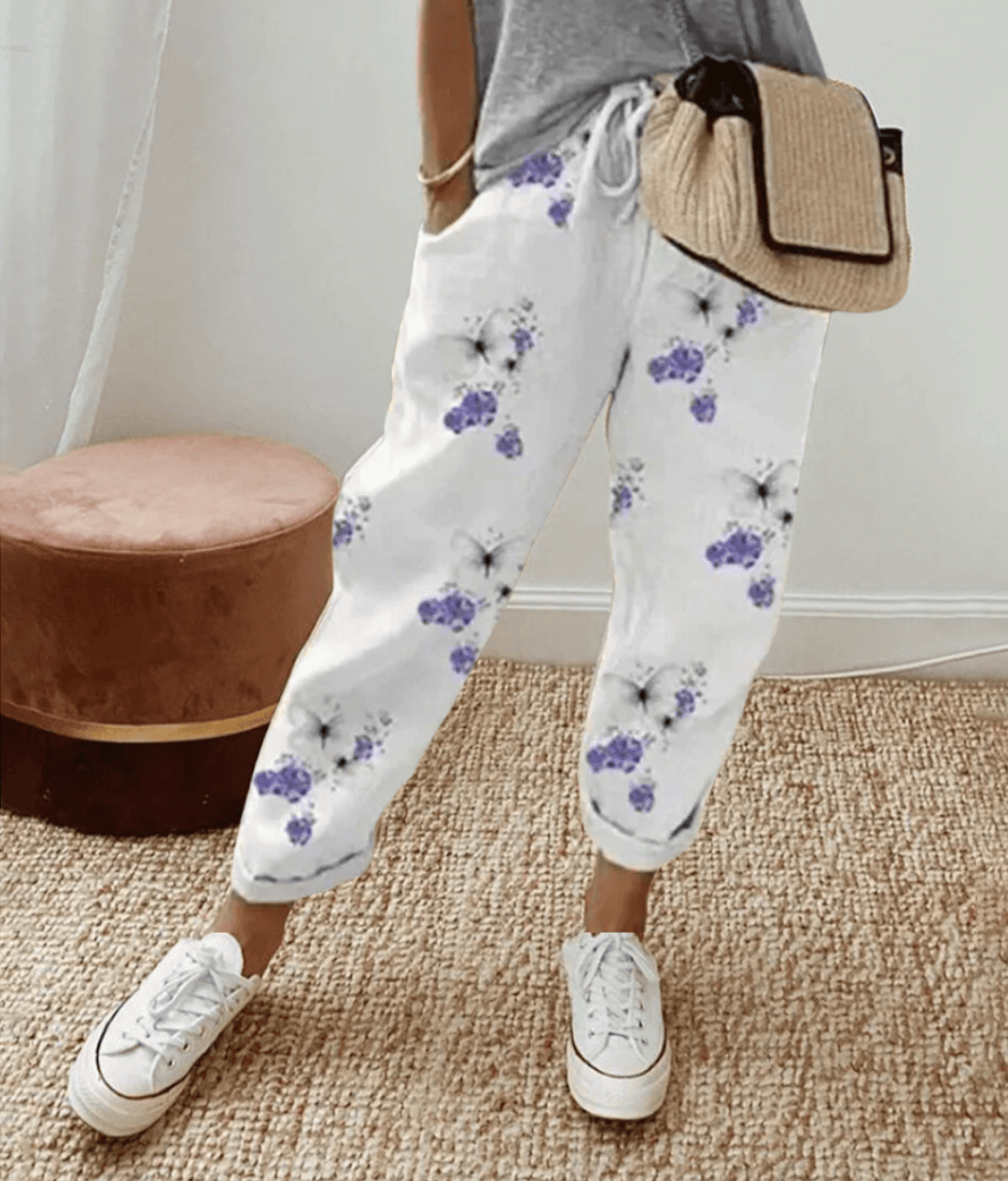 ALISON casual patterned trousers in white with purple floral print, drawstring waist