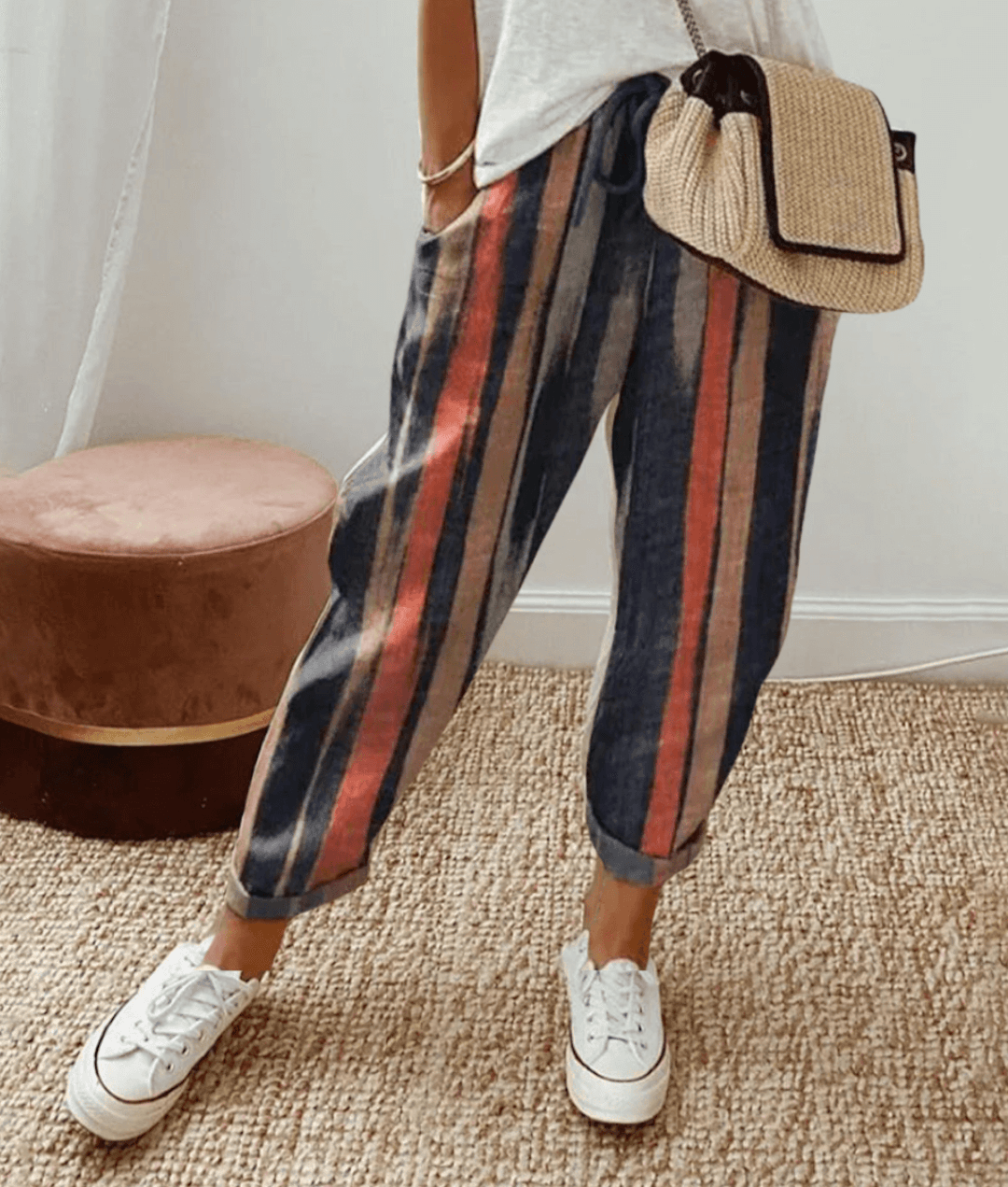 ALISON casual patterned trousers with navy and rust vertical stripes, drawstring waist
