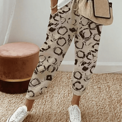 ALISON casual patterned trousers in beige with black abstract print, drawstring waist