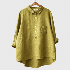 Blusa estiva in lino giallo con bottoni e colletto, tasca sul petto