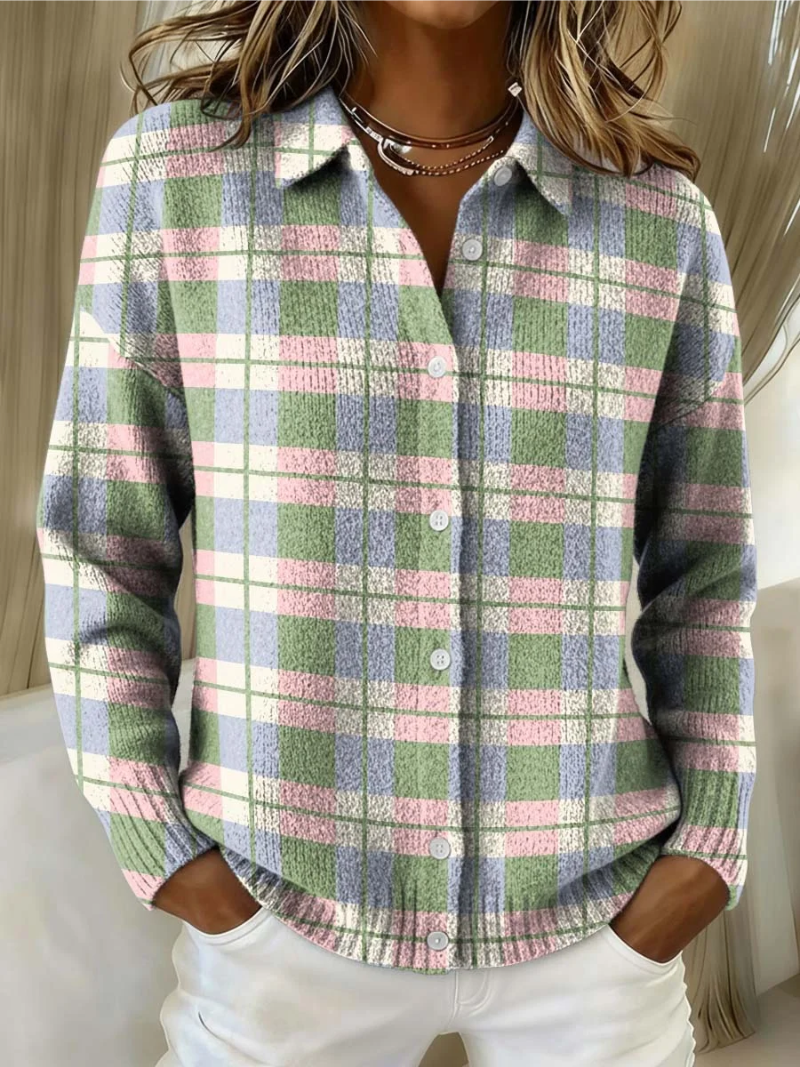 Pastel check hoodie blouse, button-front long sleeve with hood