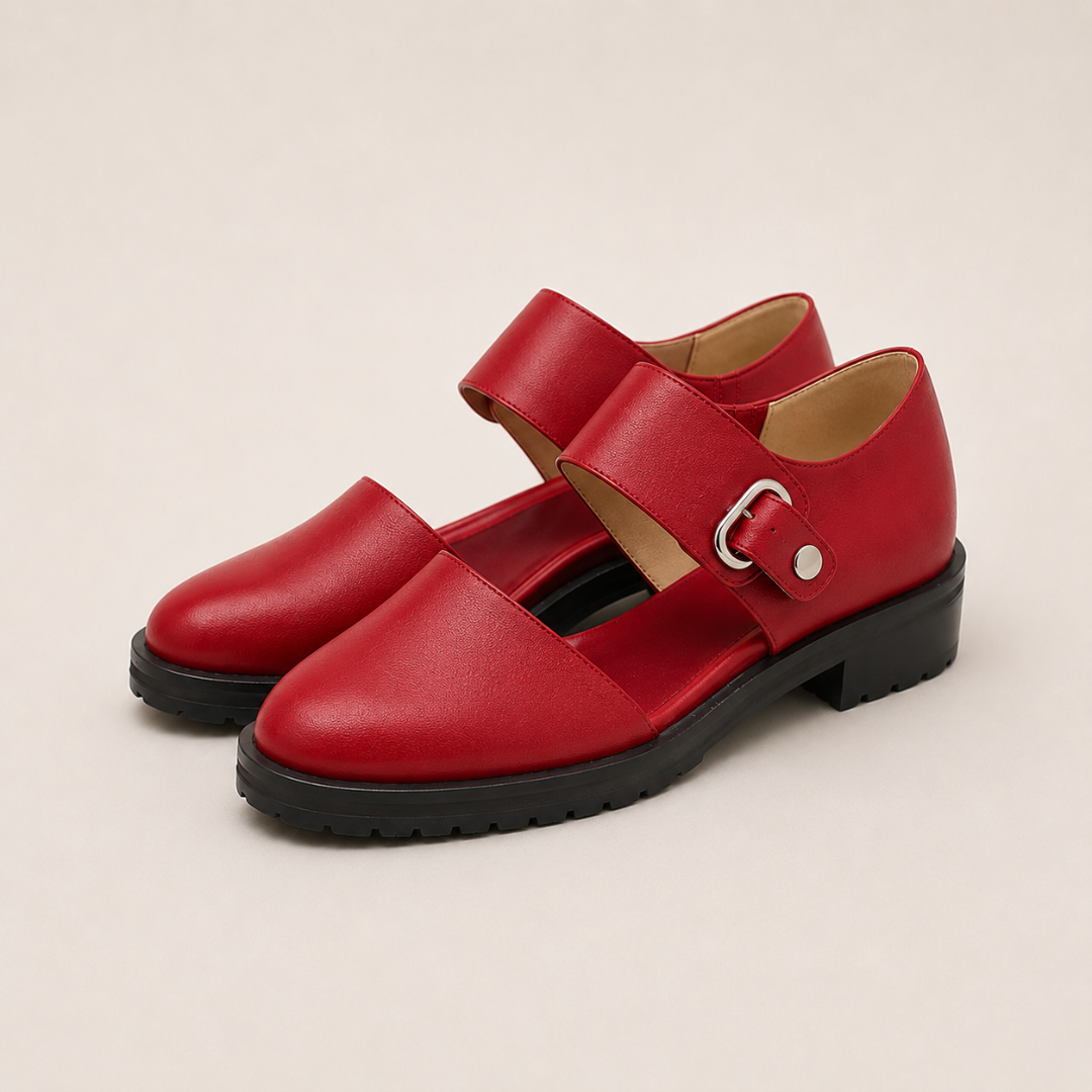 Scarpe slip-on eleganti rosse con cinturino regolabile e fibbia