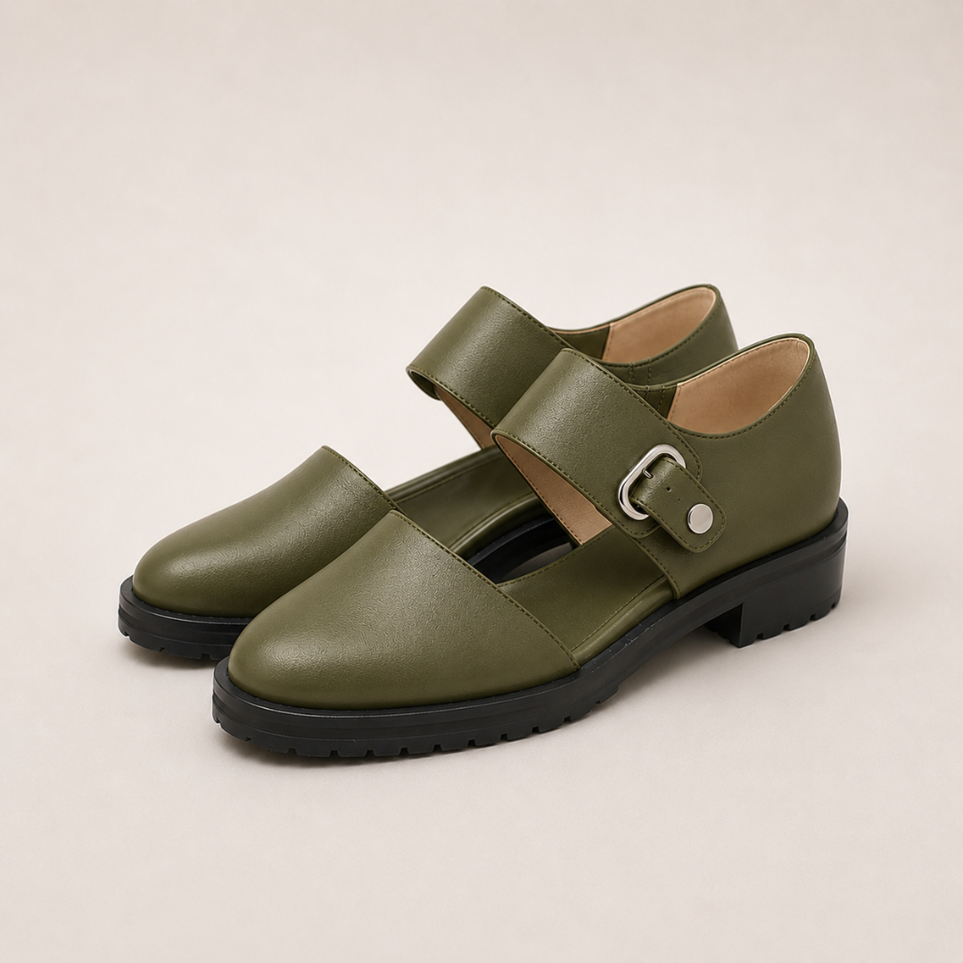 Scarpe slip-on eleganti verde oliva con cinturino incrociato e fibbia
