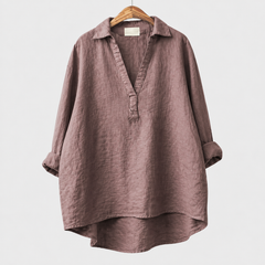 Blusa estiva oversize marrone con scollo a V e colletto a camicia, maniche a mantella
