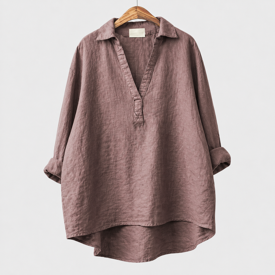 Blusa estiva oversize marrone con scollo a V e colletto a camicia, maniche a mantella