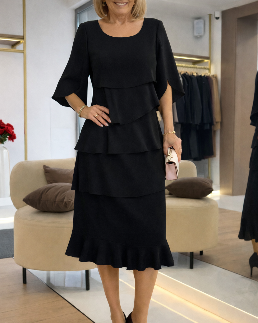 Black ruffle tier midi dress with short cape sleeves and layered skirt