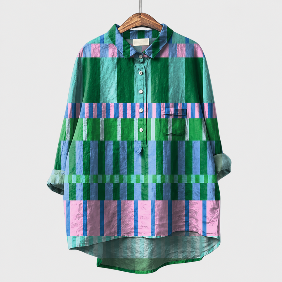 Ambra blusa estiva a righe verdi e fucsia con colletto e bottoni, maniche lunghe
