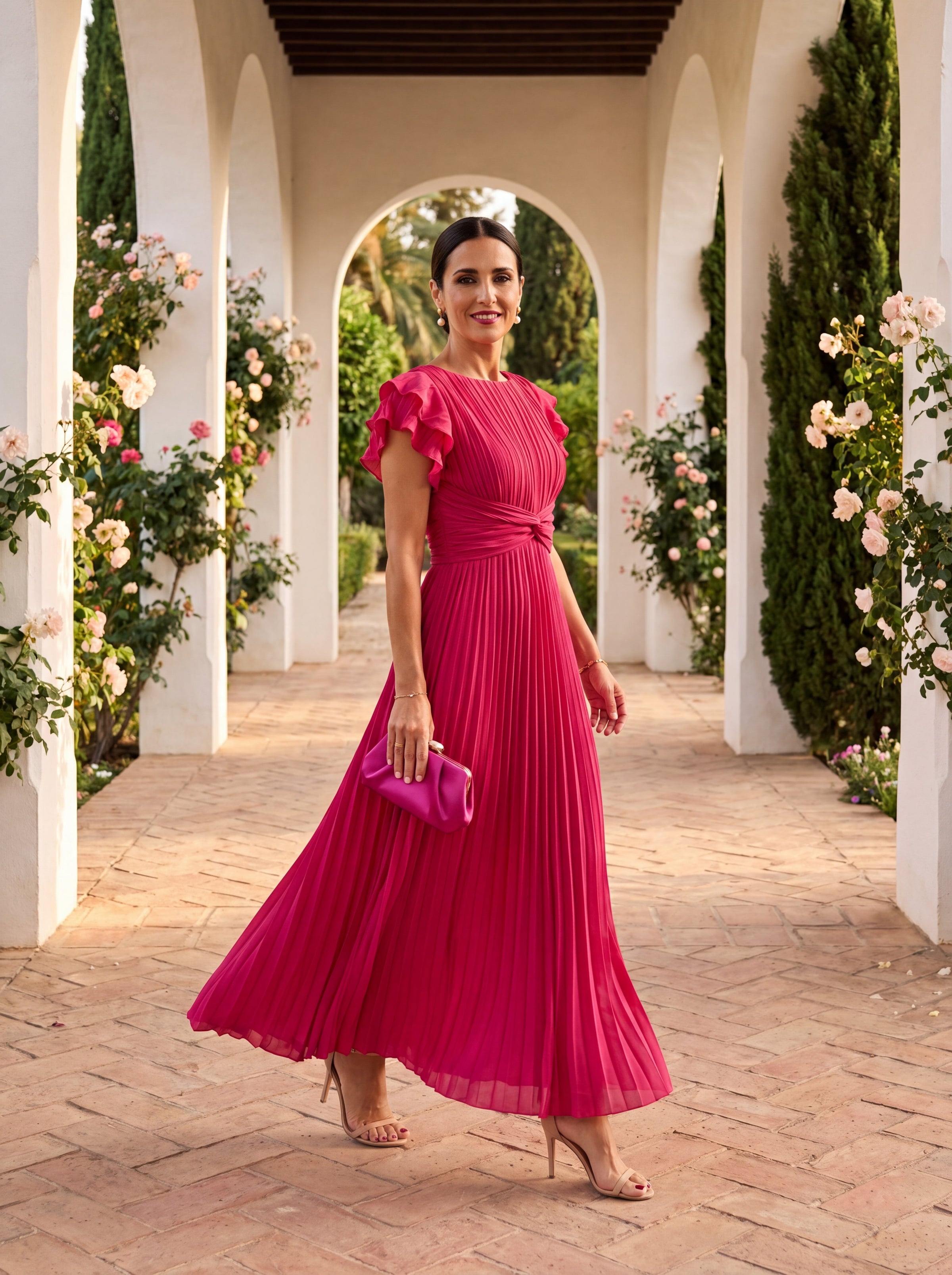 Abito maxi plissettato rosa con cintura annodata e gonna lunga plissé.