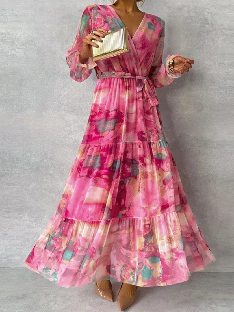 Floral tiered midi dress in pink, V-neck wrap style, long puff sleeves, gathered waist