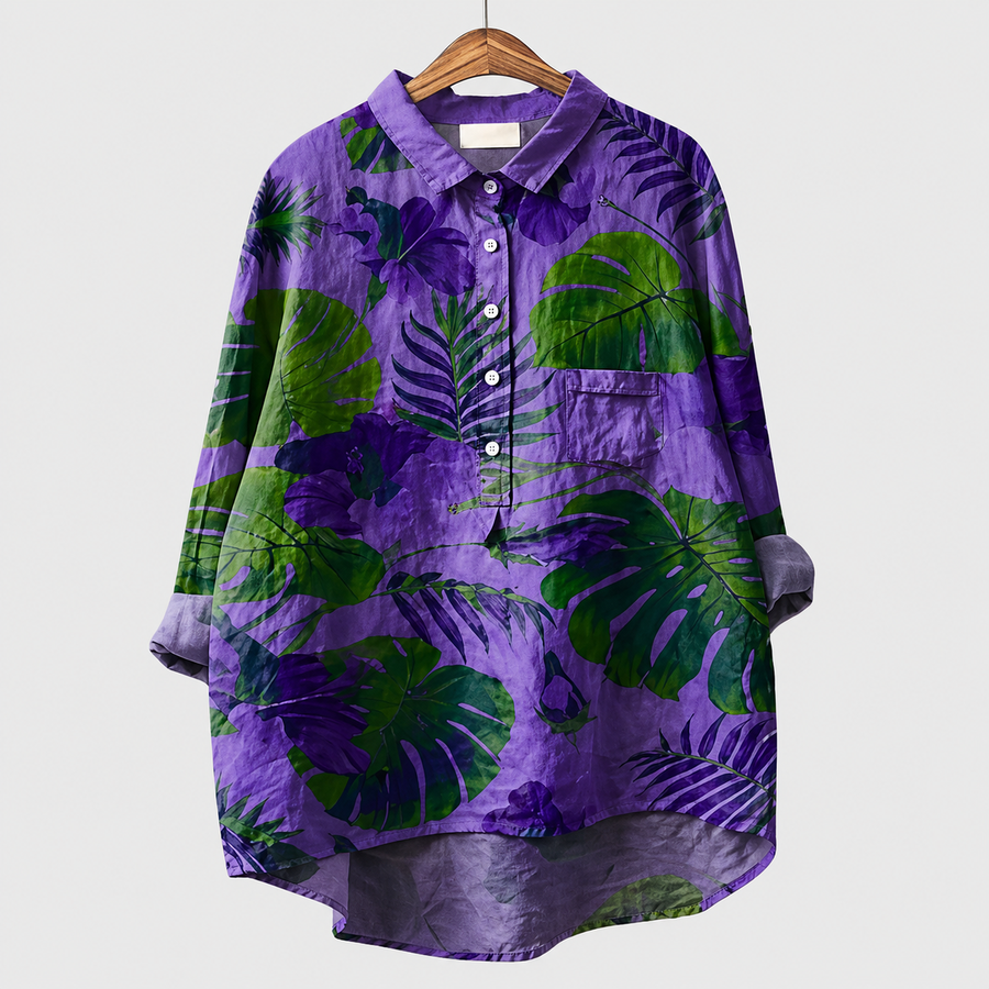 Blusa estiva viola con stampa foglie verdi e bottoni, maniche lunghe