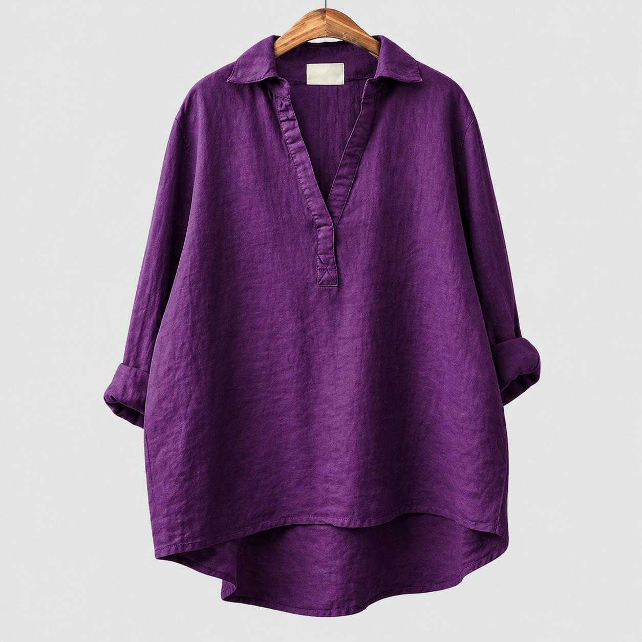 Blusa estiva oversize viola con scollo a V e colletto a camicia, maniche ampie