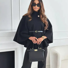 GAMORA high-neck cape jacket, black with cape sleeves and waist belt